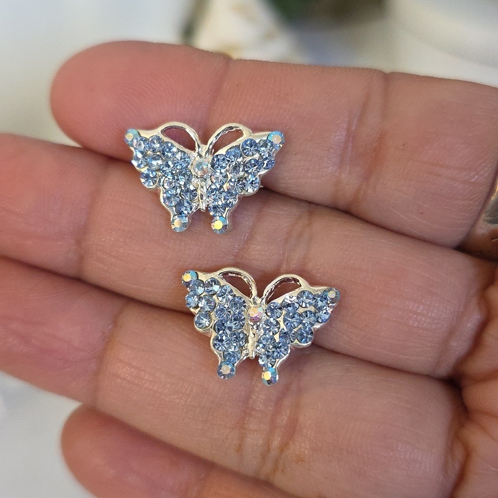 Set of 12 Silver Blue Rhinestone Butterfly Hair Pins
